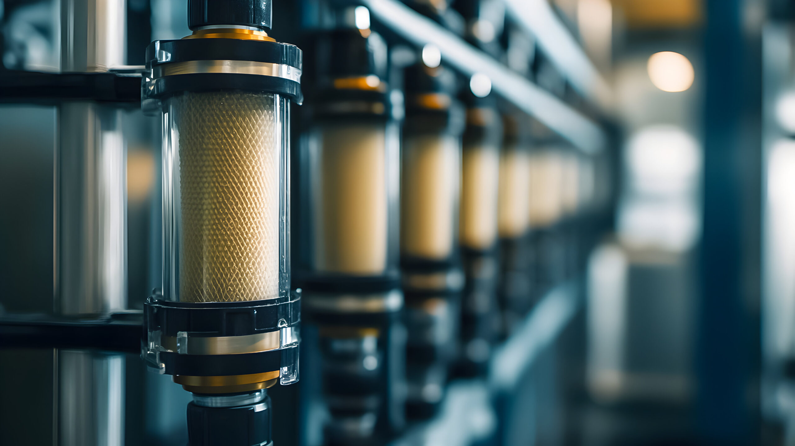 A detailed view of a modern filtration system with multiple filters arranged in a row. The setting highlights industrial technology, emphasizing precision and efficiency in manufacturing processes.